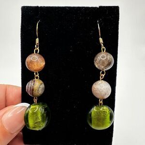 2.5" Green glass and agate stone dangle earrings with gold over 925 hooks!